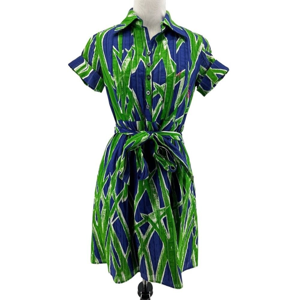 Lilly Pulizter Women's Blue Green Sassagrass Print Conlan Shirt Dress Size 0